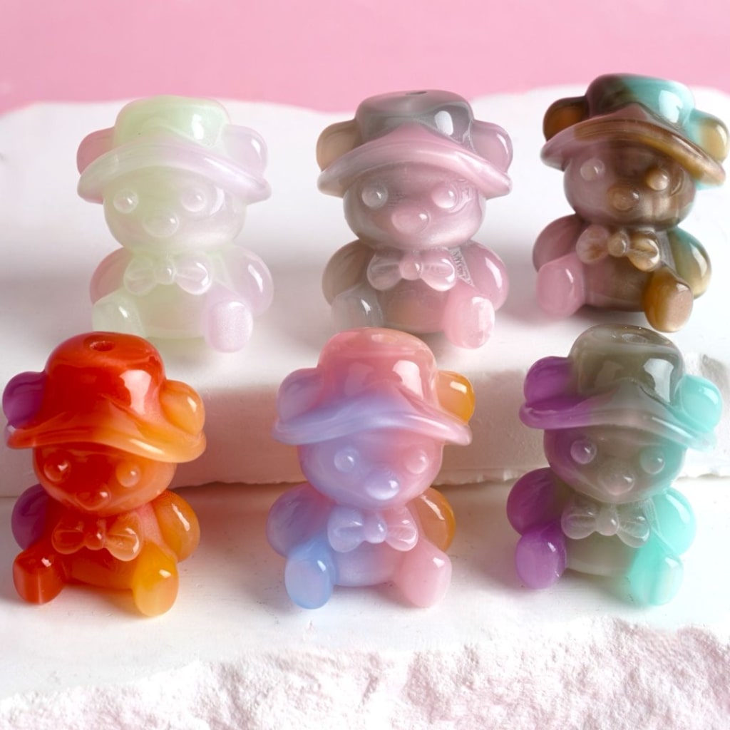 Adorable Ombre Color Cute Bear Glossy Gradient with Cap Hat Bow Acrylic Beads, Around 30*24MM