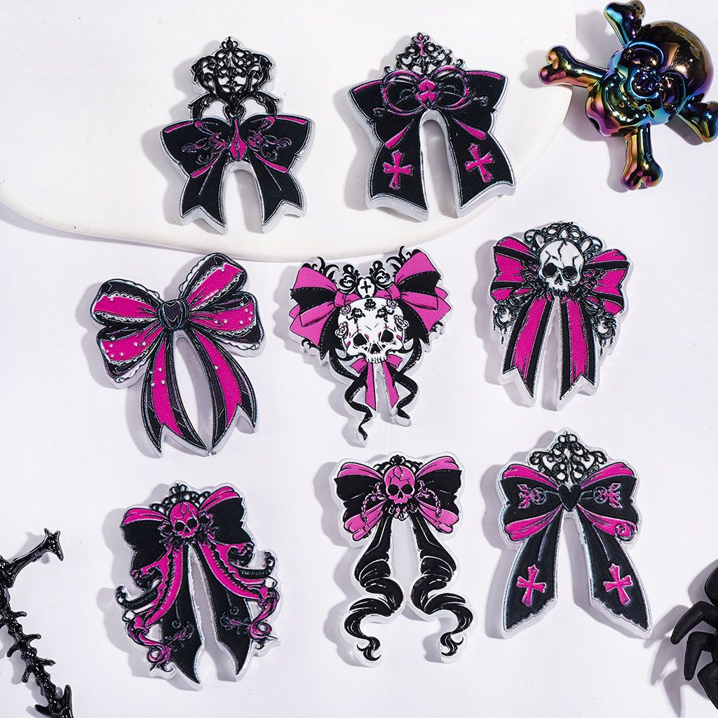 Gothic Pink & Black Skull Bowtie with Cross, Rose & Crown Details Acrylic Beads, Random Mix