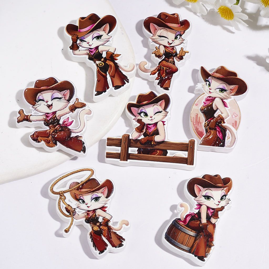 Adorable Western Style Cat Characters Wearing Hat & Cowboy Outfit Acrylic Beads, Assorted Designs, Random Mix