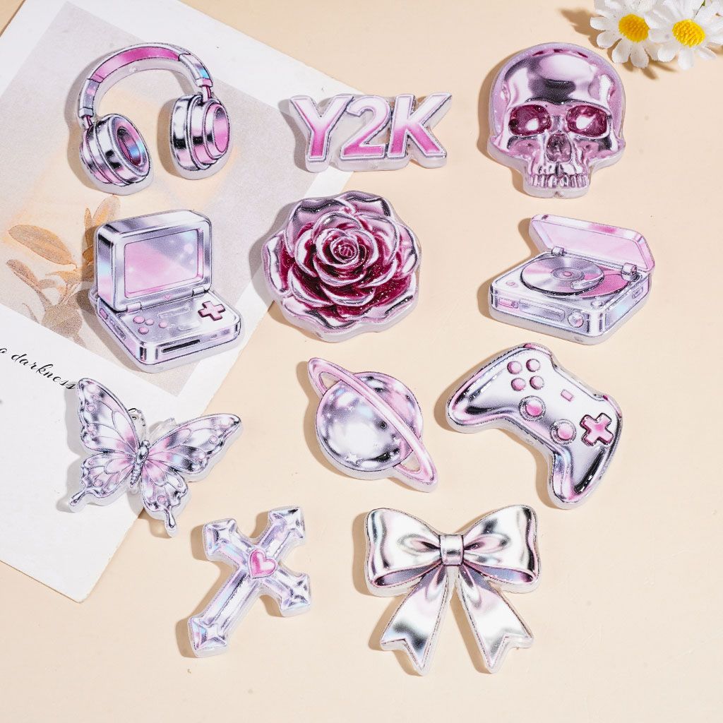 Trendy Silver & Pink Bowtie, Game Controller, Butterfly, Skull & Music-Themed Acrylic Beads, Assorted Designs, Random Mix