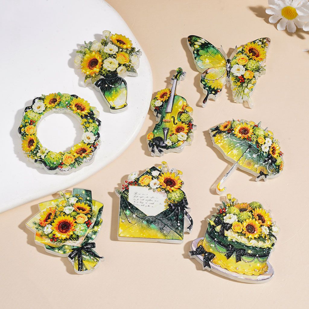 Charming Green & Yellow Sunflower Series Flower Wreath, Bouquet, Umbrella, Butterfly, Violin & Cake Acrylic Beads, Random Mix