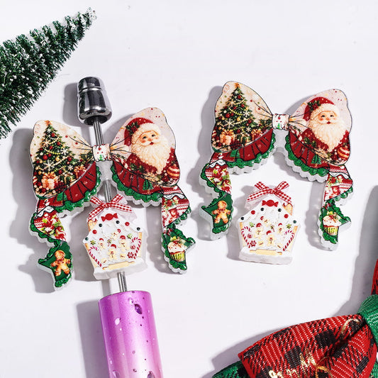 Acrylic Beads Christmas Bowtie and Candy House Collection Set, with Santa Claus Tree Gingerbread Man Prints