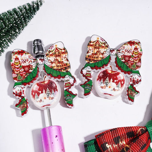 Christmas Bowtie and Apple Collection Set Acrylic Beads, with Carousel Donut Prints