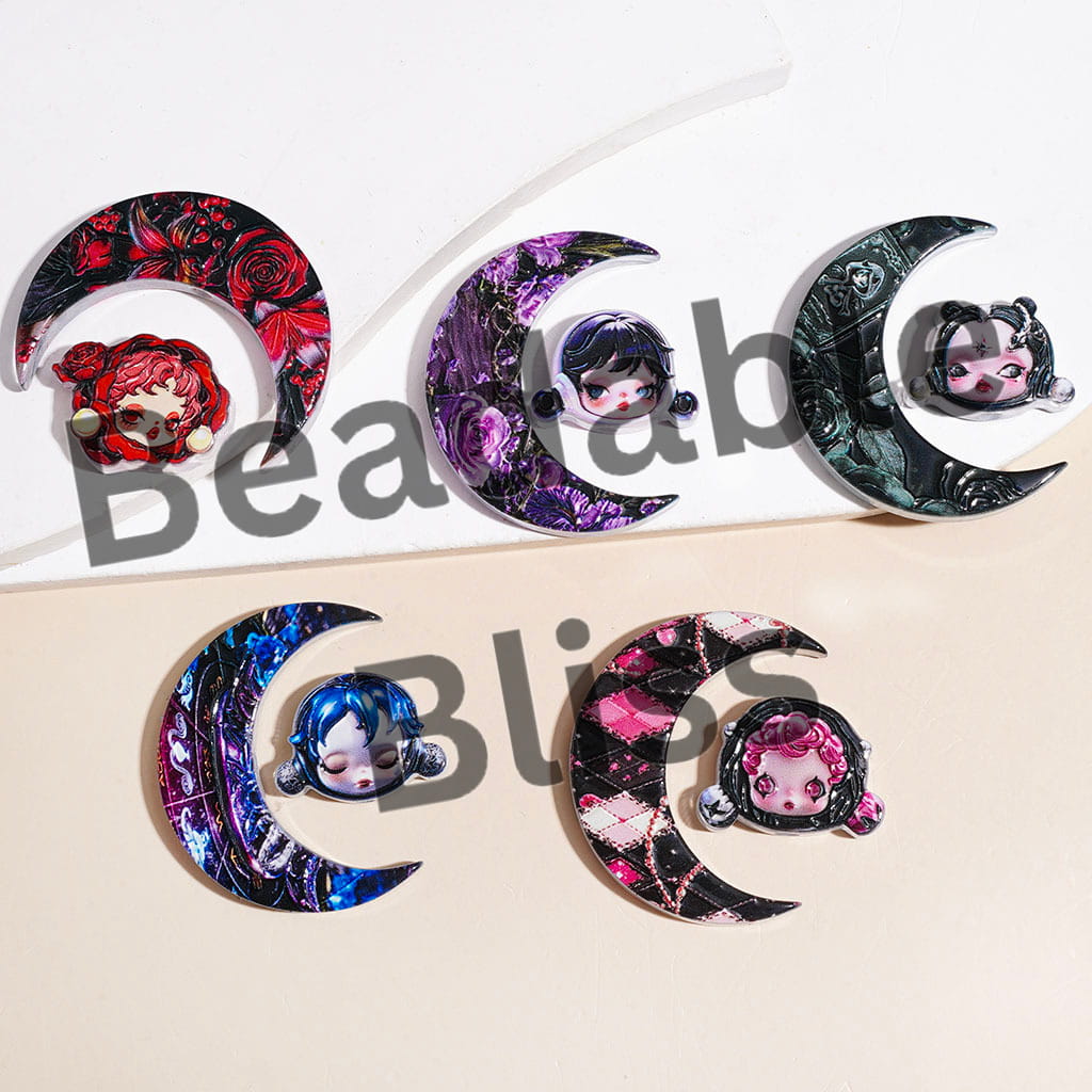 Gothic Style Baby Girl Doll and Rose Flower Printed Acrylic Beads, Crescent Moon and Doll Head Collection Set, Random Mix