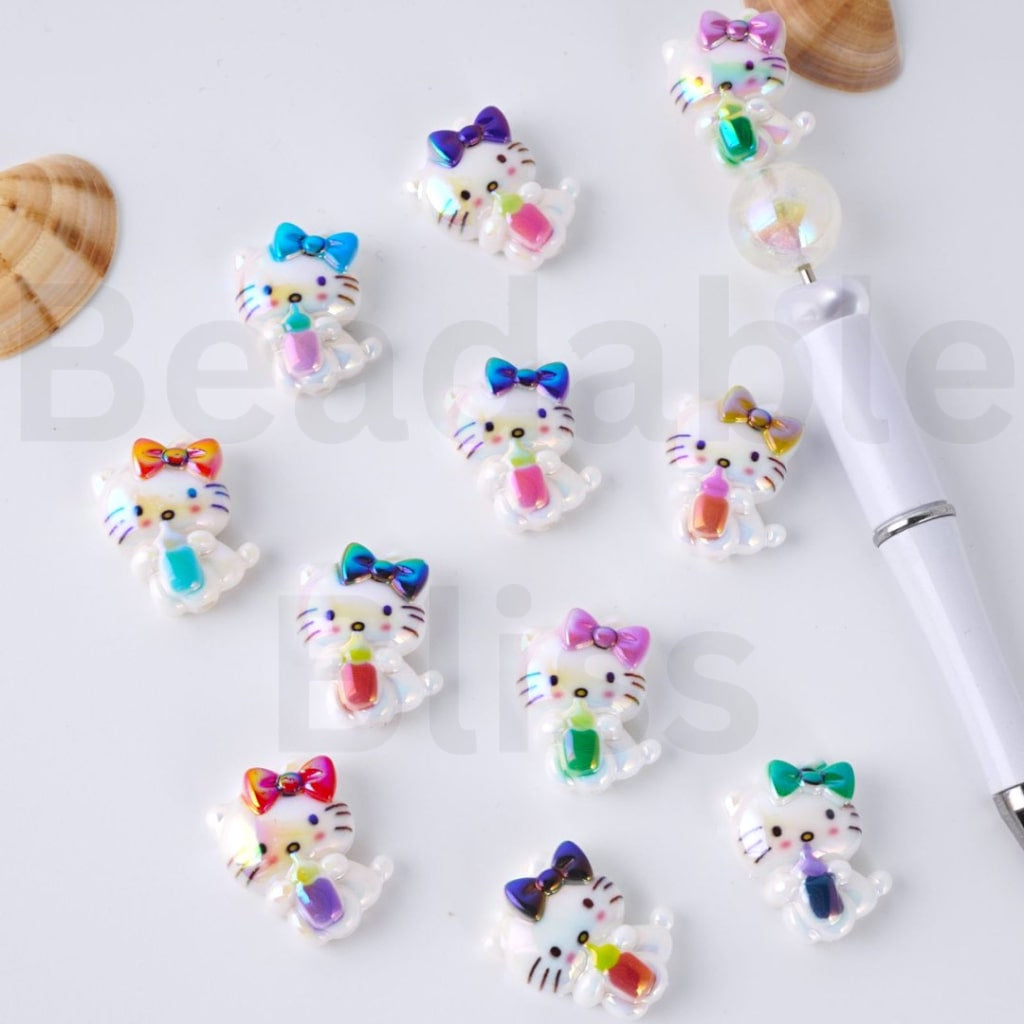 UV Coating Cute Cat Character Holds a Bottle Adorable Character Acrylic Beads, Around 20*25MM, Please Read the Description