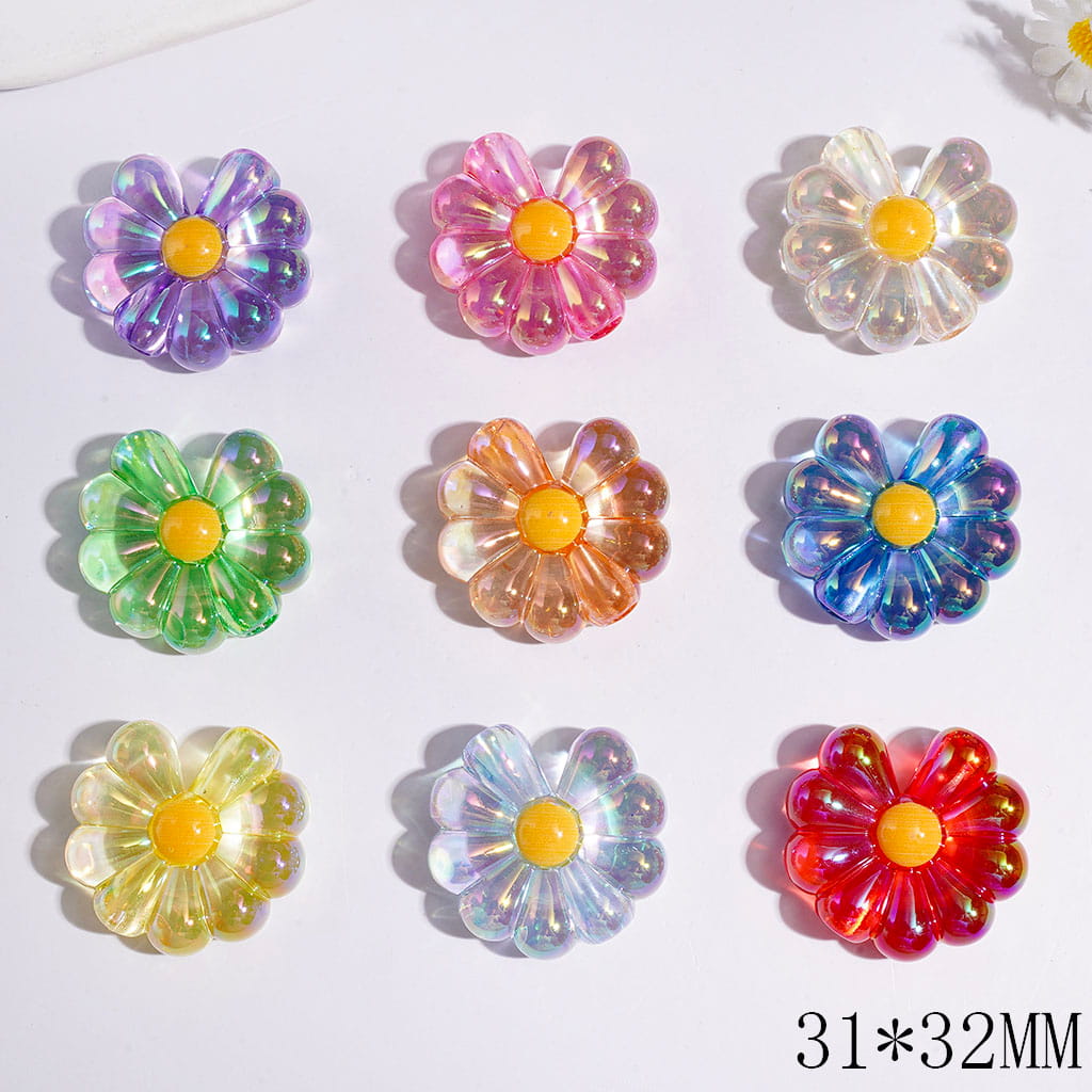 UV Coating Clear Daisy Flower Acrylic Beads, 31*32MM, Big Hole Beads, Multi-Color, Random Mix (The Bead Hole Diameter is Around 5MM)