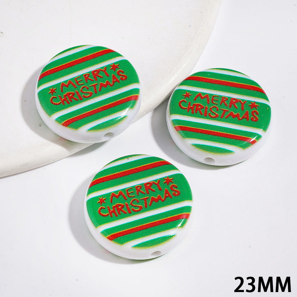 Acrylic Beads with Text "Merry Christmas" and Red Green Horizontal Stripes, Flat Round Shape, 23MM