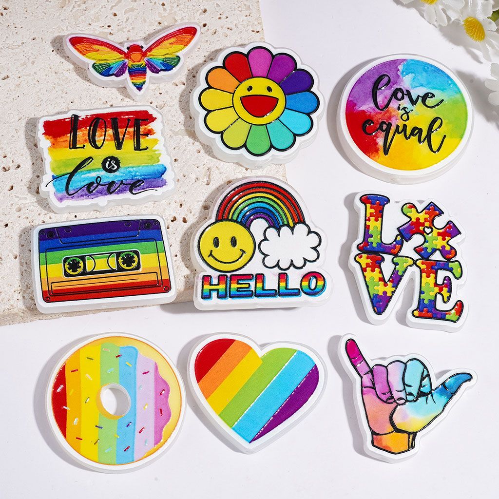 Acrylic Beads Dessert Doughnut Flower Dragonfly Radio Heart Hand Love Text, Rainbow Style, Random Mix
