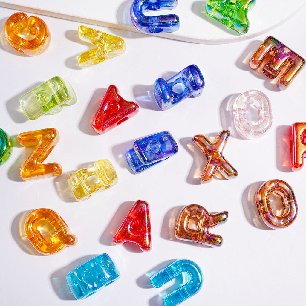 UV-Coated Alphabet All Letters in Dark Color Acrylic Beads, Clear, Random Mix (The Hole is Horizontal, not Vertical)