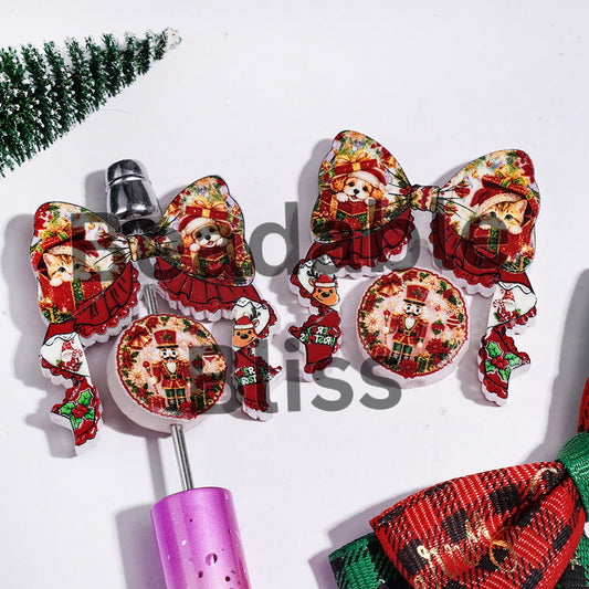 Acrylic Beads Christmas Bowtie and Wooden Nutcracker Solider Toys Collection Set, with Cat Dog Gift Box Prints