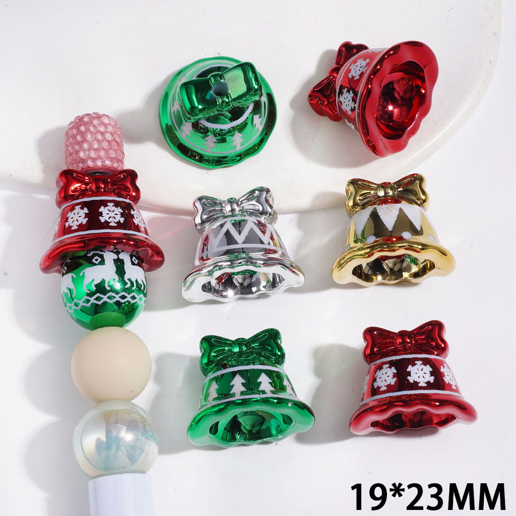 Christmas Bell with Bow Design Metallic Finish Acrylic Beads, 19*23MM, Multi-Color Random Mix