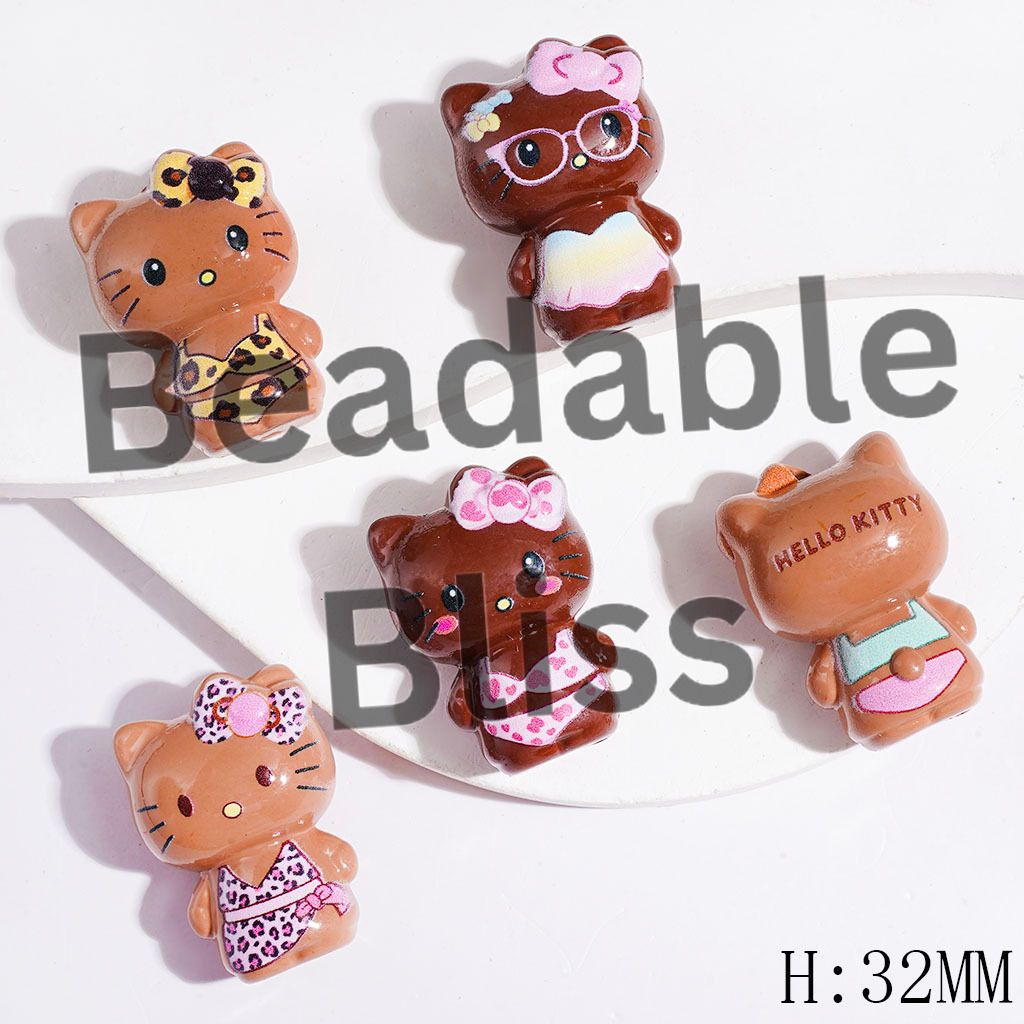 Acrylic Beads Cute Cat Characters with Diverse Swimsuit, Height 32MM, Dark and Light Brown, Random Mix
