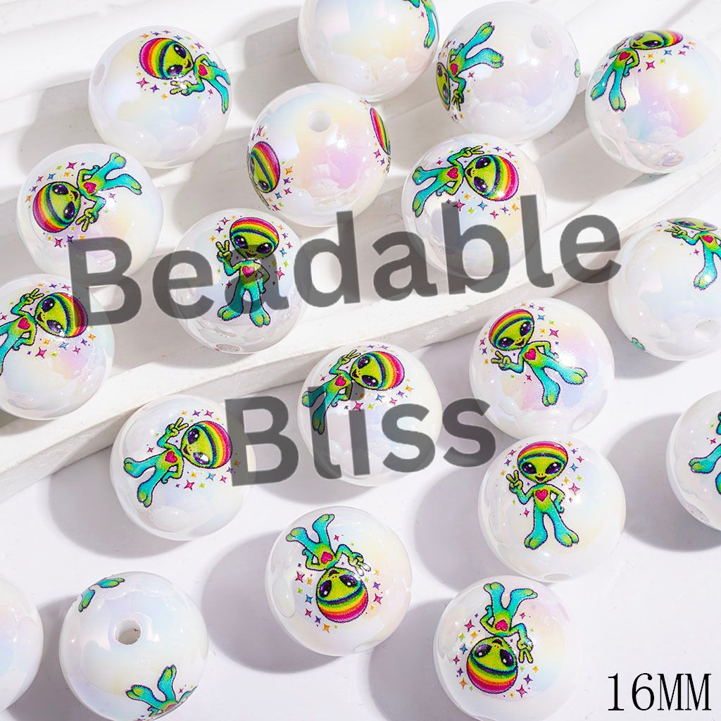 Green Alien Making Funny Gesture UV-Coated Acrylic Beads for Bracelets, 16MM