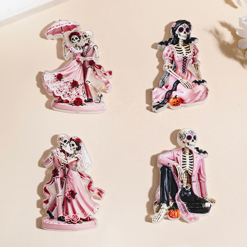 Acrylic Beads Skull Couple Wearing Dress and Suit in Pink Series, Random Mix