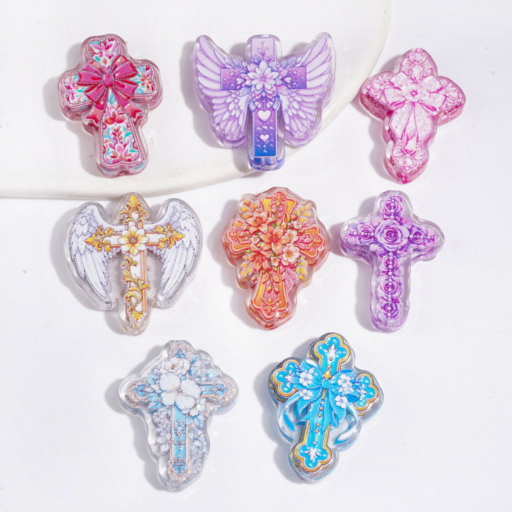 Cross with Floral Wings Design Acrylic Beads, Random Mix