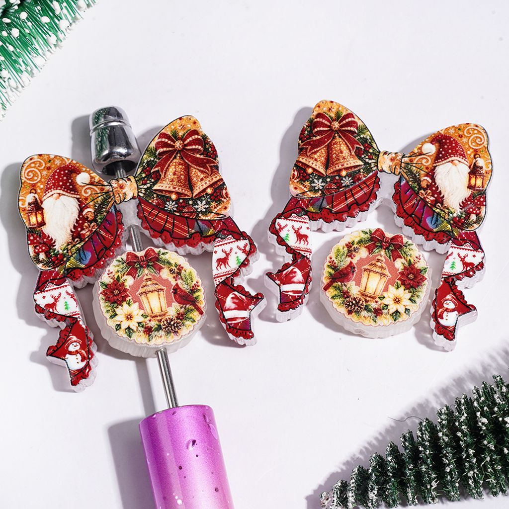 Christmas Bowtie and Wreath Lamp Collection Set Acrylic Beads, with Gnome Elf Bell Prints