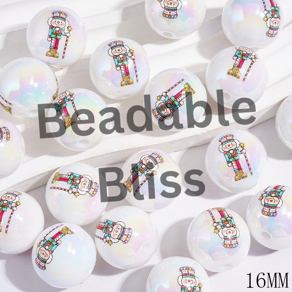 UV-Coated Acrylic Beads for Bracelets with Wooden Nutcracker Solider Toys, 16MM