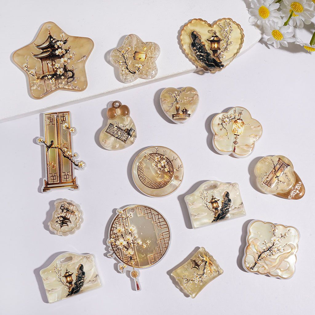 Acrylic Beads and Pendants Traditional Style with Plum Blossom Pavilion Lantern Window Landscape, Random Mix