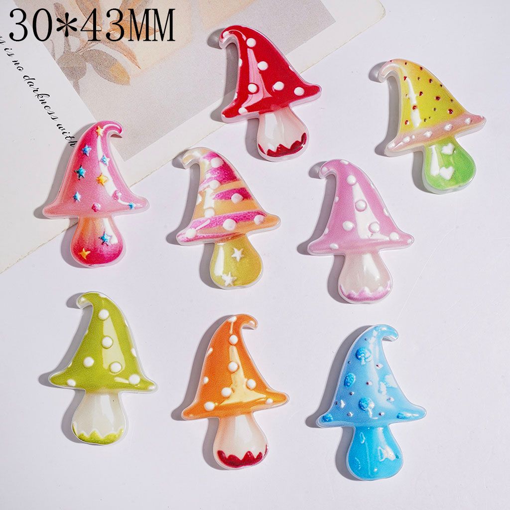 Whimsical Mushroom Character Series with White Polka Dots, Mini Stars, Glitter Acrylic Beads, 30*43MM, Multi-Color, Random Mix