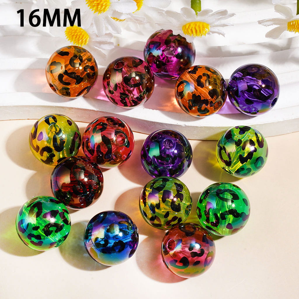 Transparent Leopard Print Round Acrylic Beads, 16MM, Multi-Color Random Mix