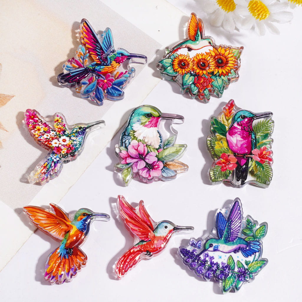 Acrylic Beads with Hummingbird and Flower, Semi-Clear, Random Mix