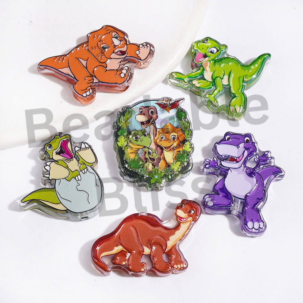 Semi-Clear Acrylic Beads Cute Cartoon Dinosaur Characters, Random Mix