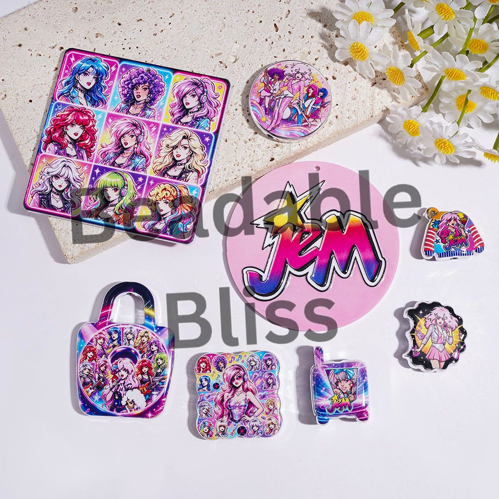 Acrylic Bead and Pendants Rock Singer Character in Pink Series, Silver Border, Random Mix