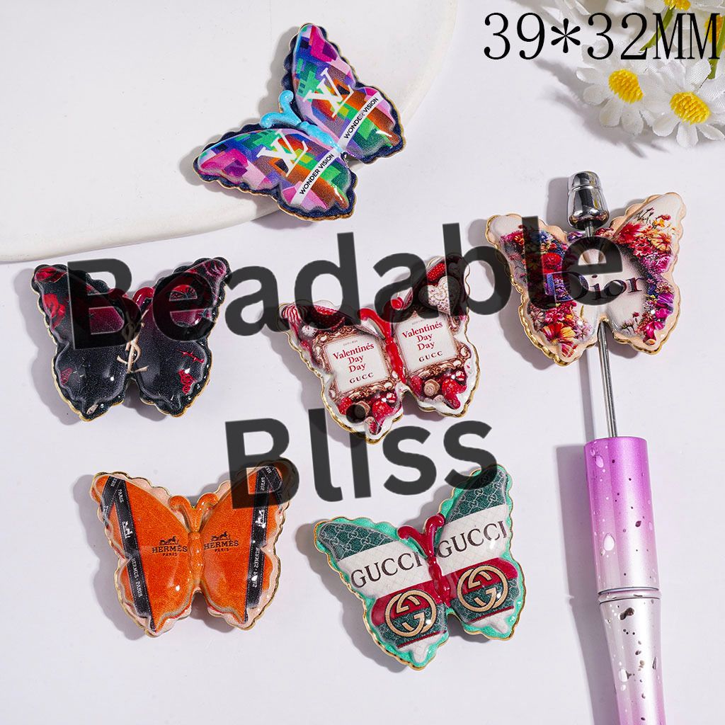 Acrylic Beads Butterfly with Fashion Print, Gold Border, 39*32MM Random Mix