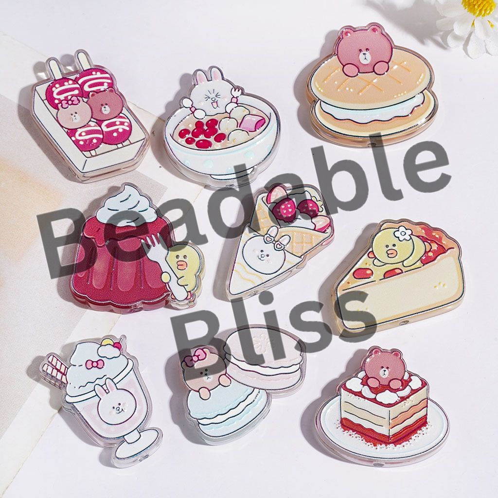 Yummy Dessert Series Acrylic Beads, Waffle Pudding Fruit Bowl Tanghulu Pizza Macaron Ice-Cream Cake, Semi-Clear, Random Mix