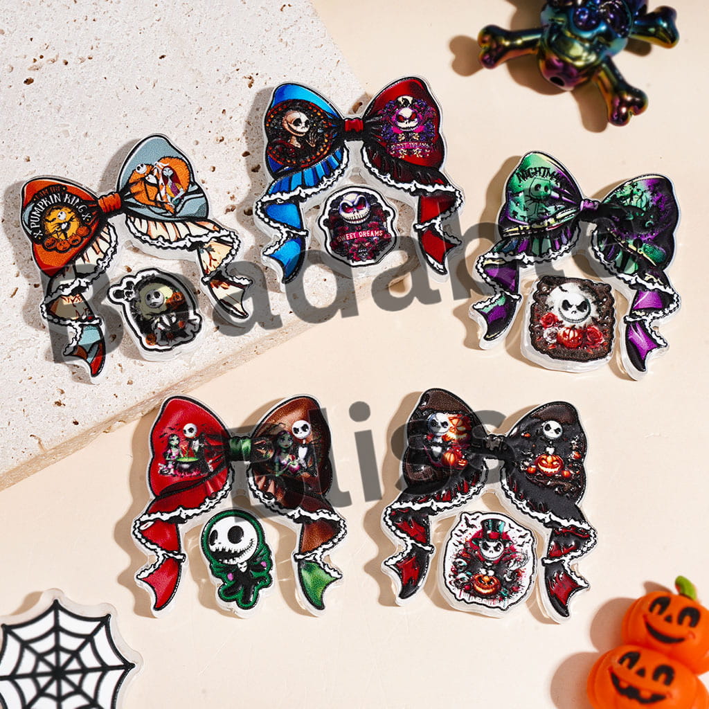 Halloween Skull Skeleton Couple Character Series Acrylic Beads Bow and Ornament, Random Mix (Please Read Description)