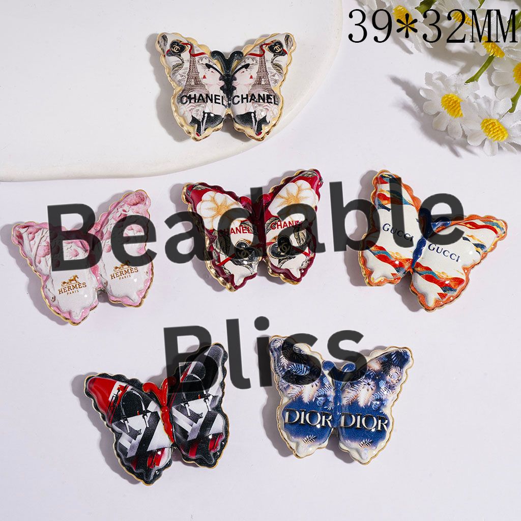 Acrylic Beads Butterfly with France Fashion Print, Gold Border, 39*32MM Random Mix
