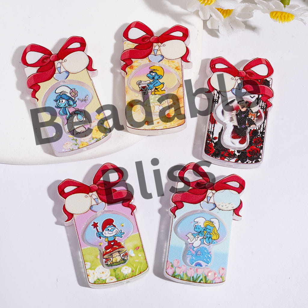 Blue Elf Character Series Acrylic Beads, Bottle-Shaped Frame w Red Bow and Mushroom, Random Mix (Please Read Description)