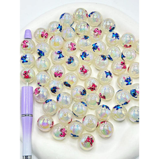UV Finish Cute Cartoon Blue Monster Acrylic Beads Round Semi Transparent Clear See thru Glittery 16mm