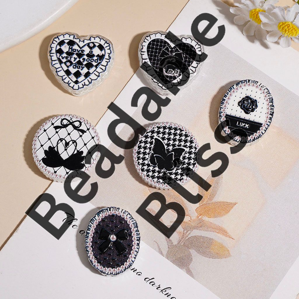 Black White Style Bowtie Butterfly Camellia Flower Patterns Acrylic Beads, Flat Round & Heart & Oval Shape, Random Mix