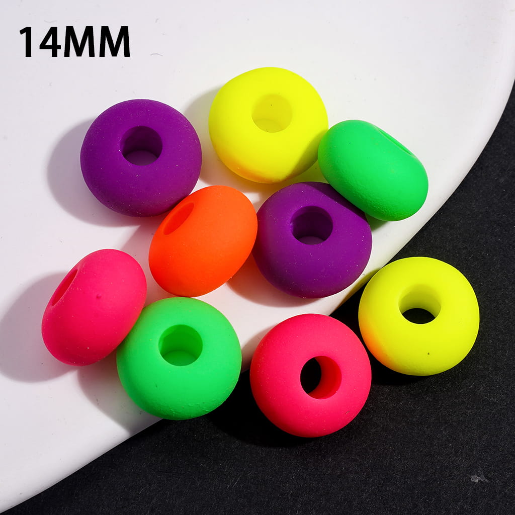 Matte Rubber Touch Wheel Shape Acrylic Beads in Fluorescent Colors, Large Hole,14MM Random Mix (The Hole Diameter is Around 4.5MM)