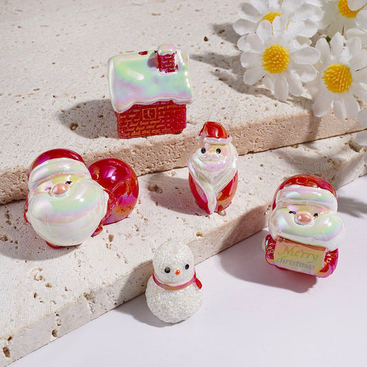 UV-Coated Cute Santa Claus, Snowman & House Christmas Theme Acrylic Beads , Random Mix
