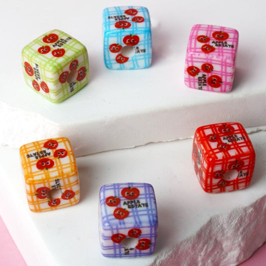 Apples Design Cube Square Cute Red Acrylic Beads, Around 15MM, Random Mix
