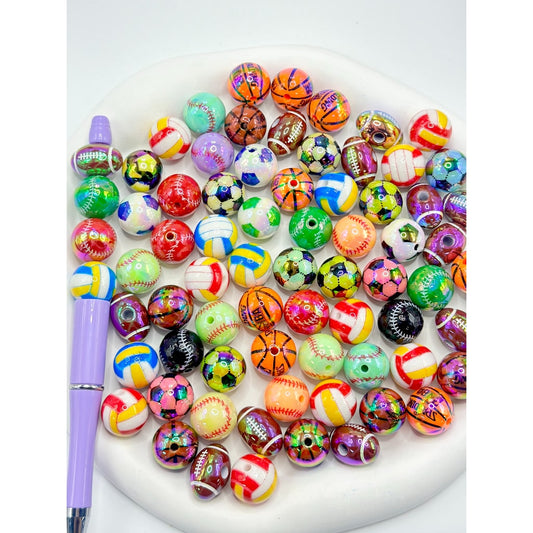 Football Basketball Volleyball Baseball UV Coating Sports Soccer Acrylic Beads, Random Mix, 16MM