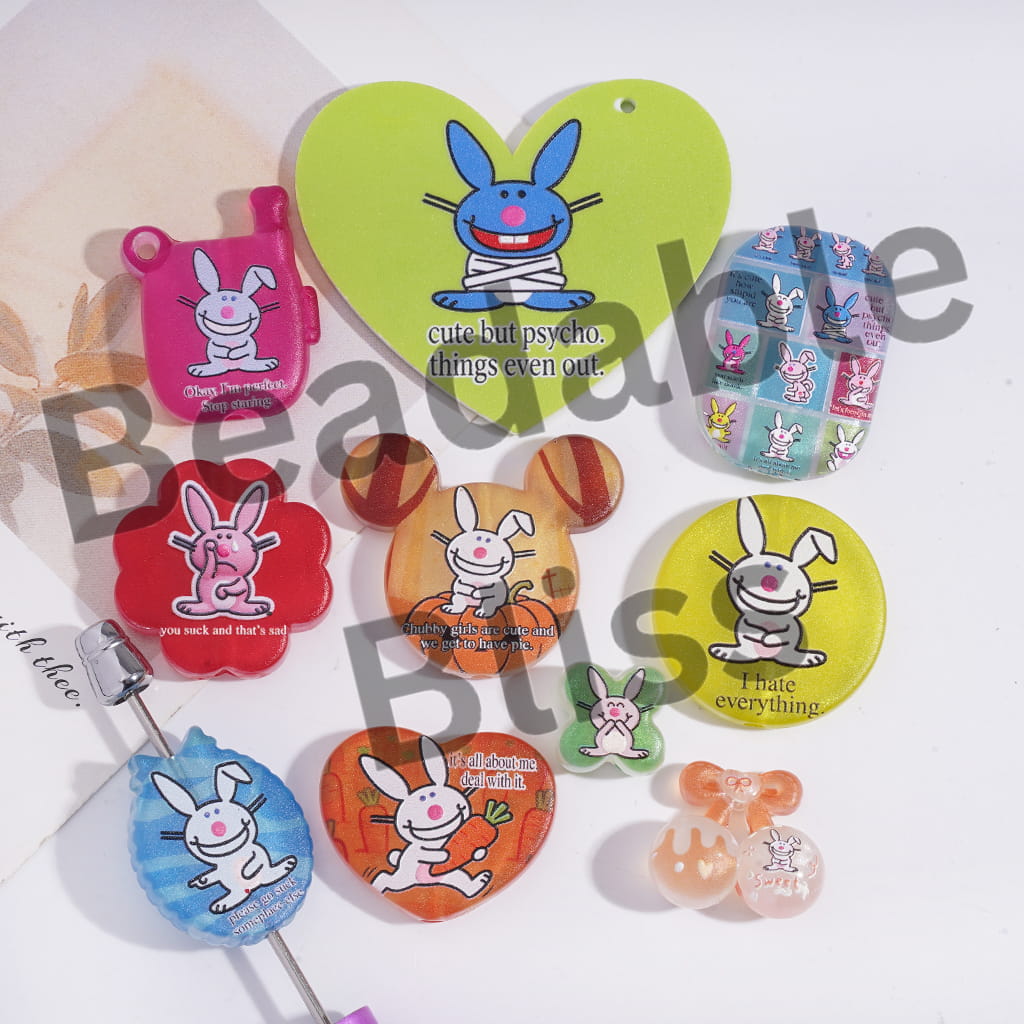 Acrylic Beads Pendants with Delighted Bunny Series, Random Mix