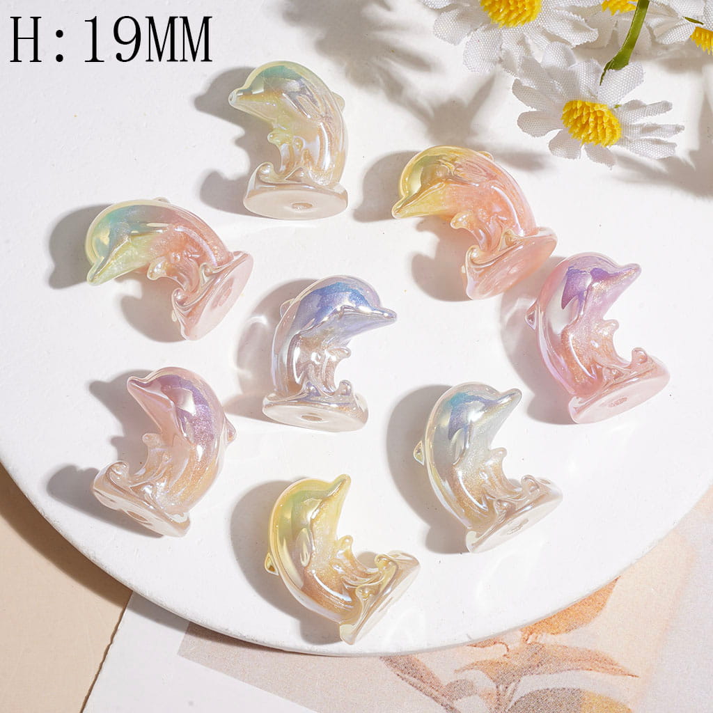 Dreamy Acrylic Beads UV Coating Dolphin with Glitter and Wave Base, Height 19MM, Ombre Pastel Colors, Random Mix