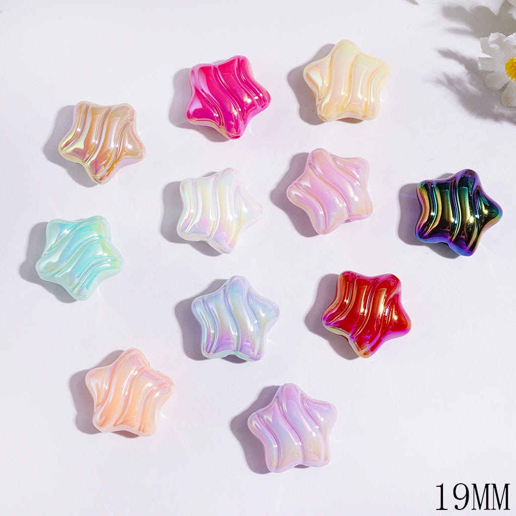 19MM Acrylic Beads UV Finish Star with Wavy Lines, Solid Colors, Random Mix