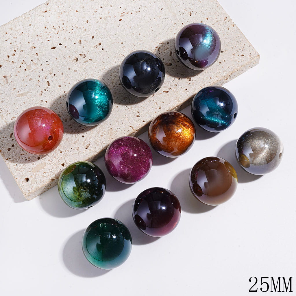 Glossy Cat-Eye Style Shiny Glitter Round Acrylic Beads for Bracelets, 25MM, Multicolor, Random Mix