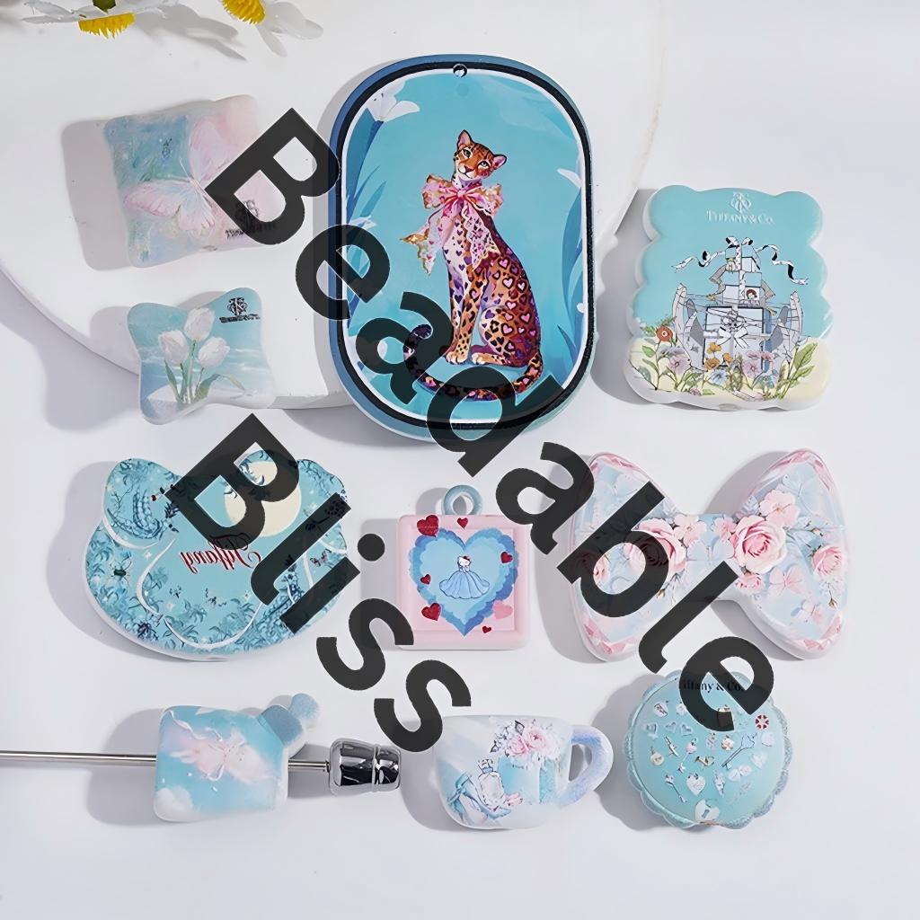 Acrylic Beads and Pendants with Jaguar and Gift Box and Flower Print, Teal Series, Random Mix
