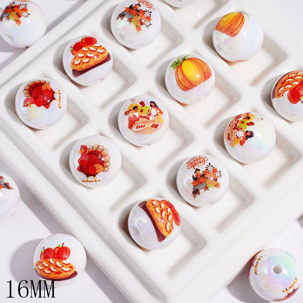 UV-Coated Festive Thanksgiving Turkey, Pumpkin, Poultry & Pizza Series Printed Round Acrylic Beads, 16MM, Random Mix