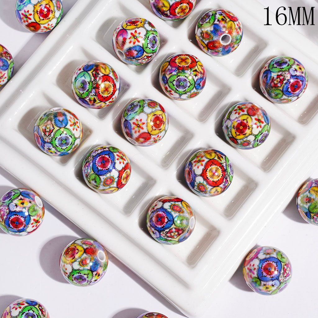 UV-Coated Multicolored Mosaic Flower Ethnic Printed Round Acrylic Beads for Bracelets, 16MM