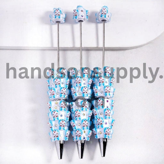 Cute Blue Robot Cat with Paws Together & AB Rhinestone Bling Bling Beadable Clay Pen