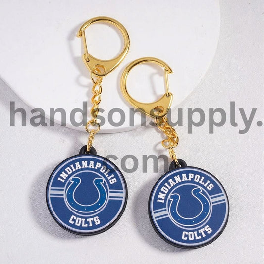 Gold Metal Keychain with Lobster Clasp and Silicone Charm Pendant Indy Football Design, Flat Round Shape Sports Fans