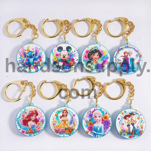 Lobster Clasp with Resin Charm Pendant, Classic Animation Series, Flat Round Shape, Metal Keychain Random Mix