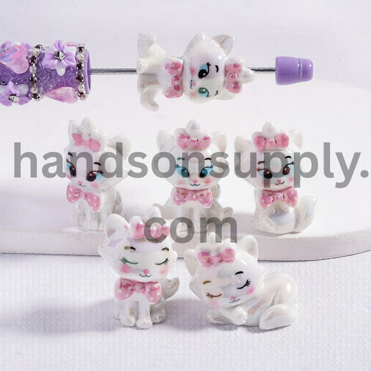 Cute White Cat Characters with Pink Bowties in Various Poses Acrylic Beads Random Mix