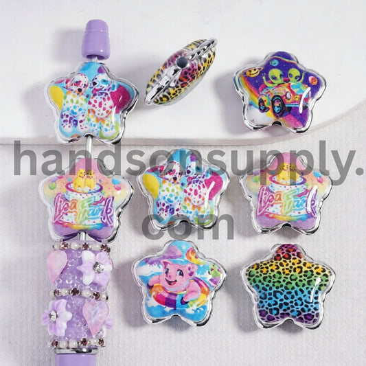 Bright Multi Color Five‑Pointed Star Print Acrylic Beads 23*26mm Random Mix